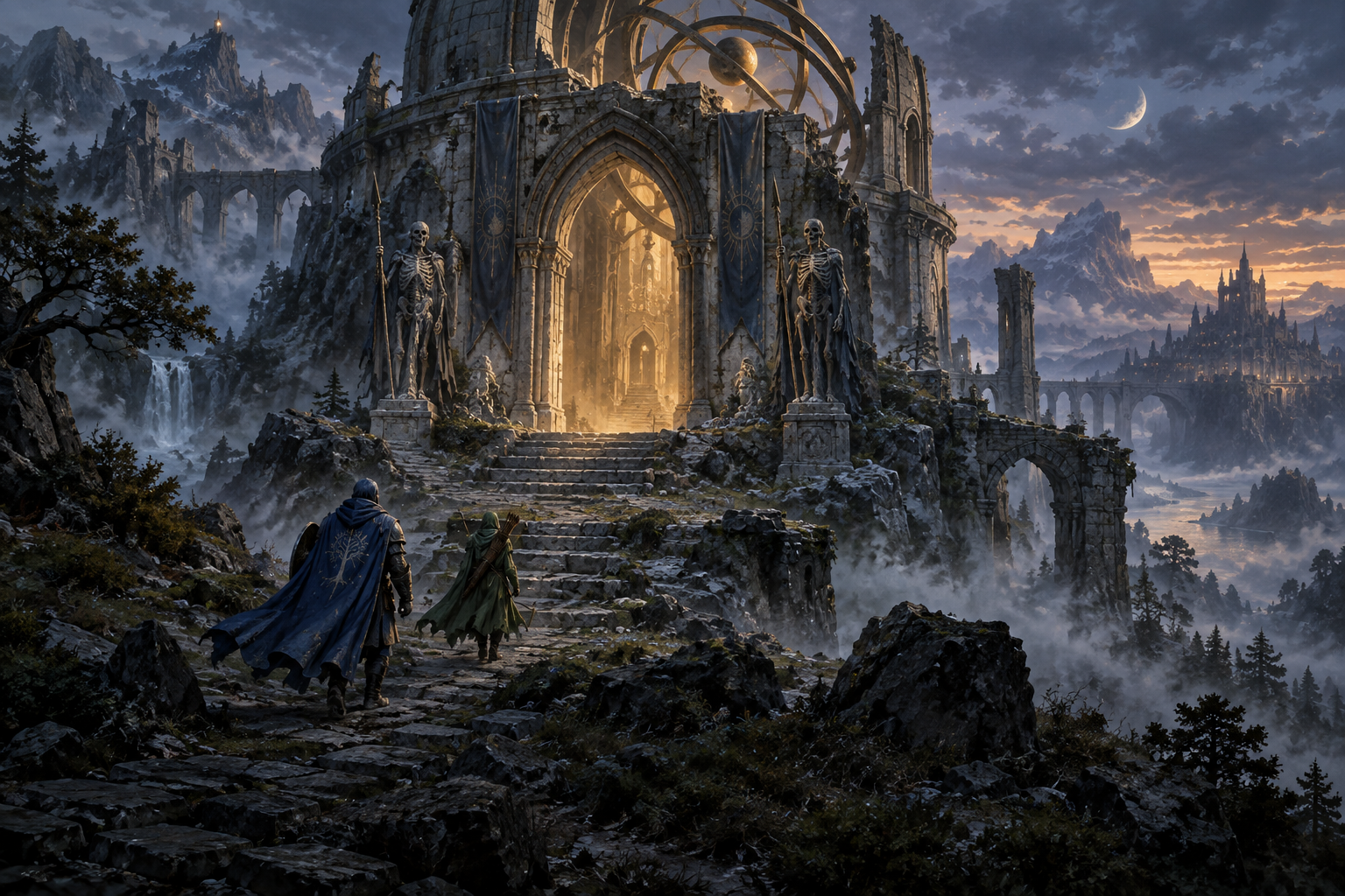 Original fantasy concept artwork of two adventurers approaching an ancient mountain gate.