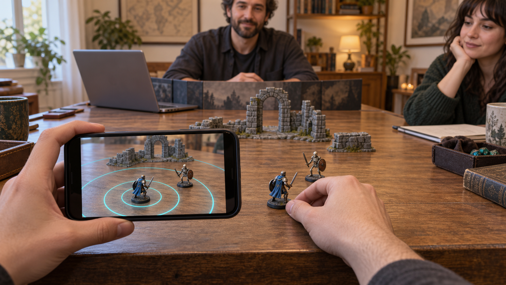 Concept illustration of people around a tabletop, with physical miniatures and an augmented-reality view on a phone.
